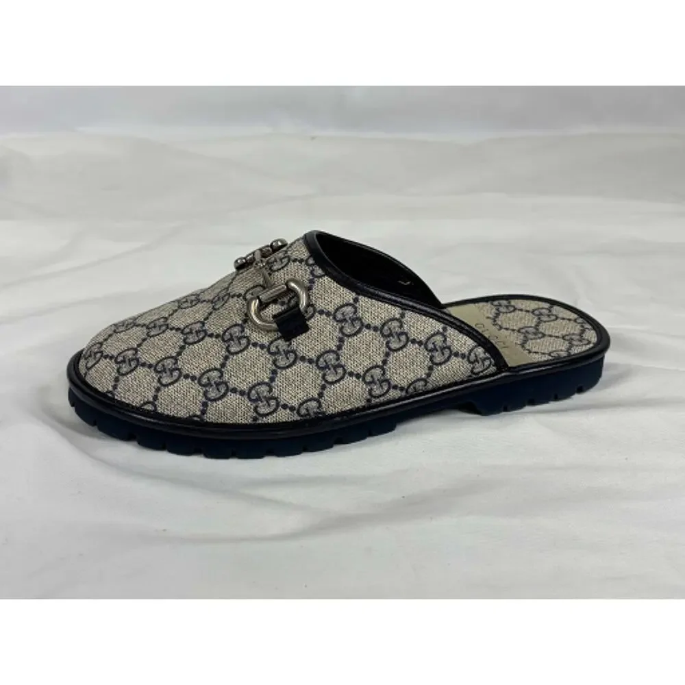 GUCCI Mule Slippers GG Navy Monogram & Silver tone Horsebit Size 5 SPB JA-368398